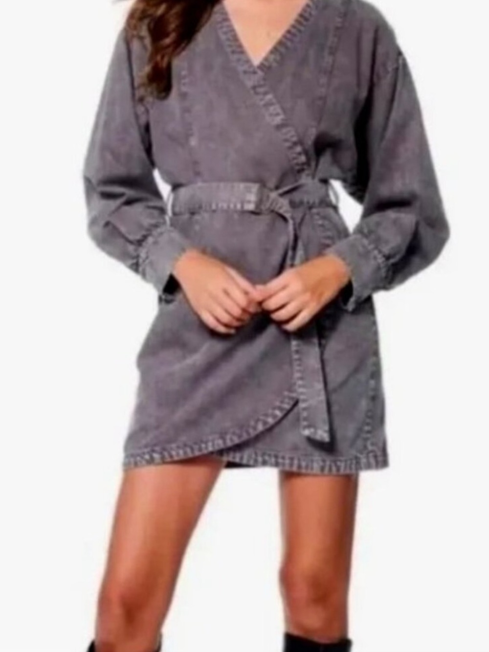 YFB Young Fabulous & Broke Denim Ash Gray Zeplin Long Sleeve Wrap Dress Size S